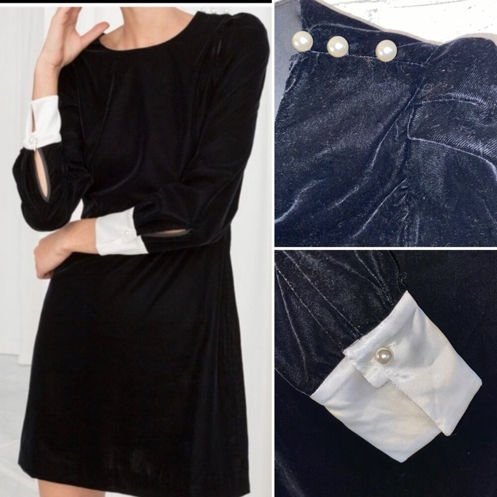 NEW & Other Stories Paris Atelier Velvet Pearl Button White Cuff Dress XS NWT